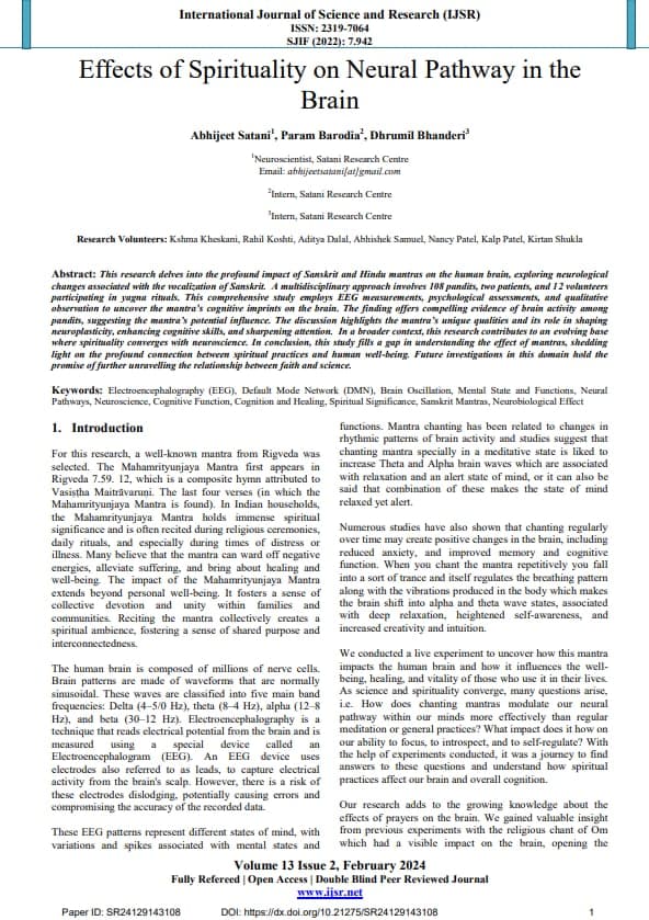 Effects of Spirituality on Neural Pathway: An EEG Study of Sanskrit Mantra Vocalization